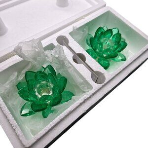 Shannon Crystal Emerald Green Crystal Lotus Candle Holders Godinger NIB JJ3973